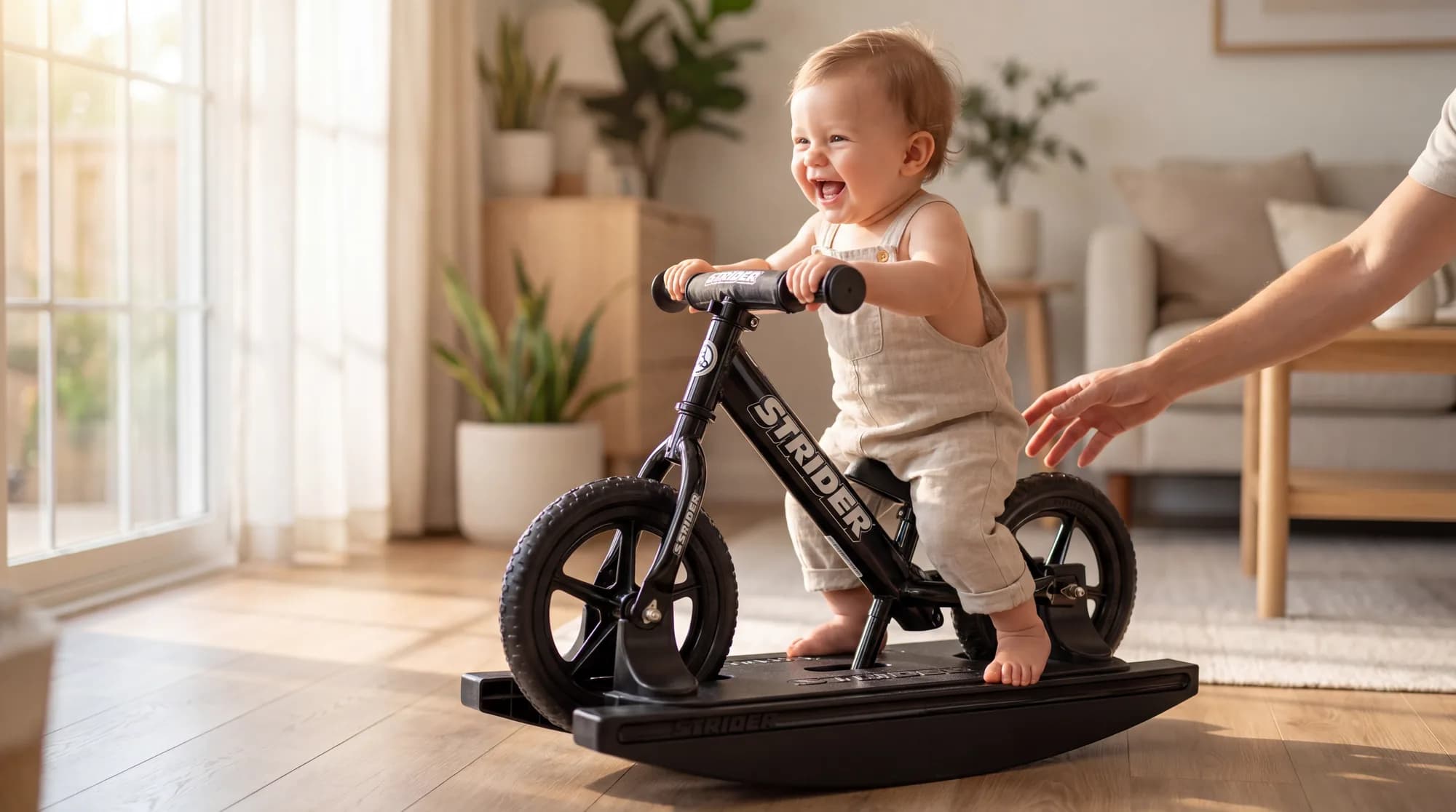 Baby rocking on a Strider Sport 2-in-1 Rocking Bike in a bright living room