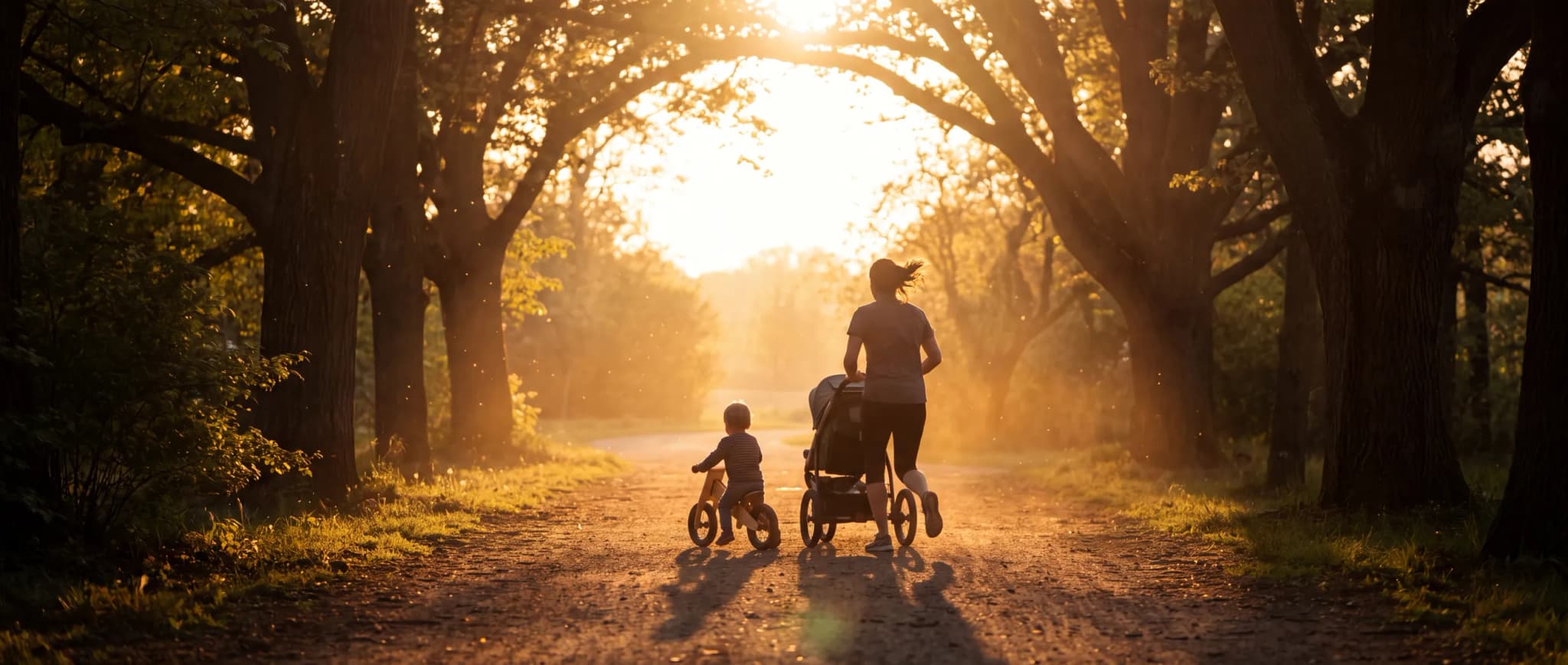 Parent jogging beside a child riding a balance bike into golden-hour light